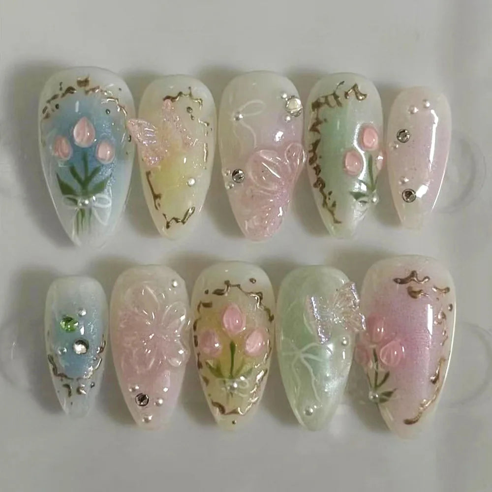 Mid-length Gilded 3D Flower Gradient Almond Reusable Press On Nails