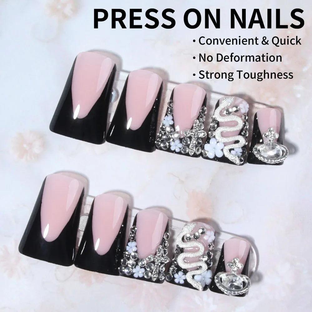 Duck Nail French Tips with Cross, Snake & Rhinestone Design.