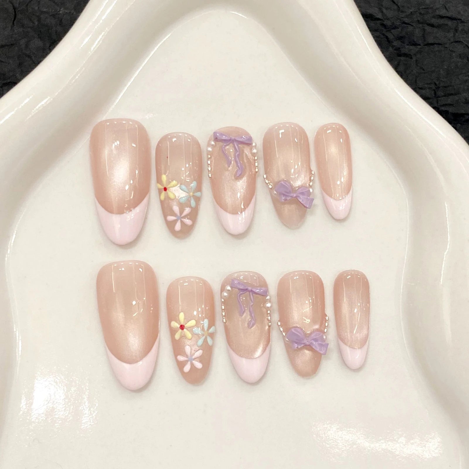 Handmade French Cat Eye Pink Bow Decor Almond Press on Nails