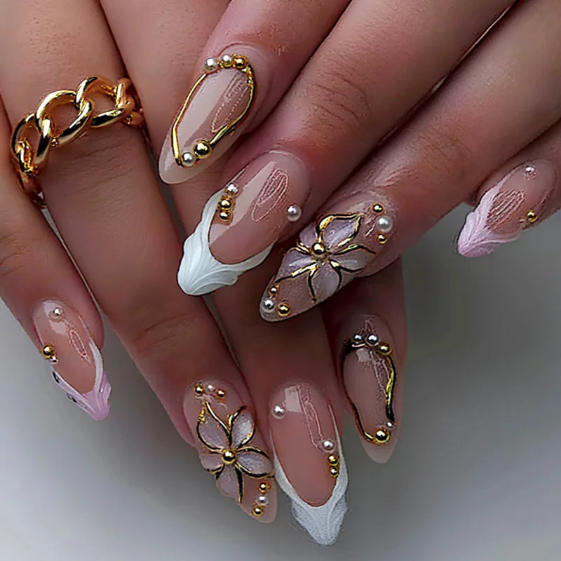 Mid-length Gilded 3D Flower Gradient Almond Reusable Press On Nails