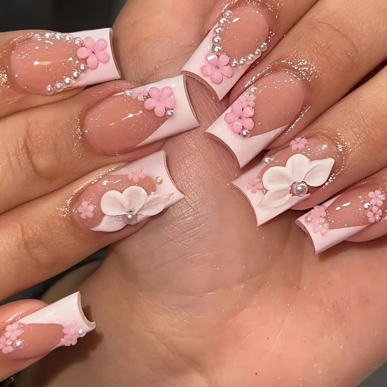Stunning Retro Flower Y2k Caviar Bead Floral Press on Nails