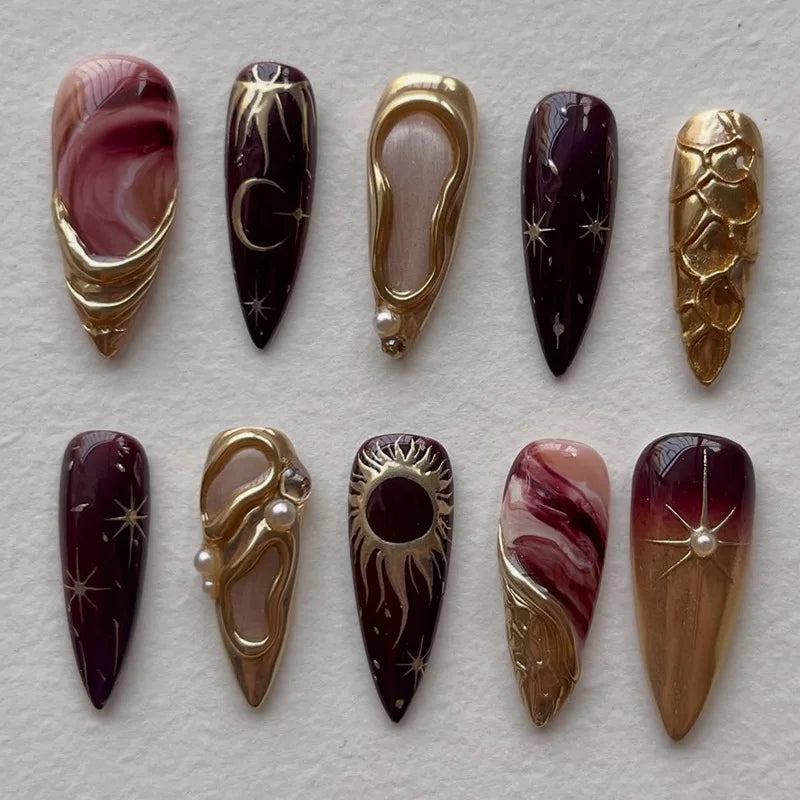 Y2k Press on Nails with Almond Head Design Cat's Eye Silver Stripe Pattern