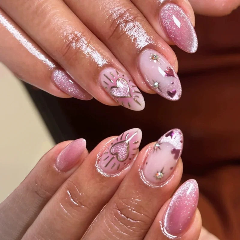 Metallic Cat Eye Sheer Manicure Art Textured 3D Acrylic Almond Medium Press on Nails