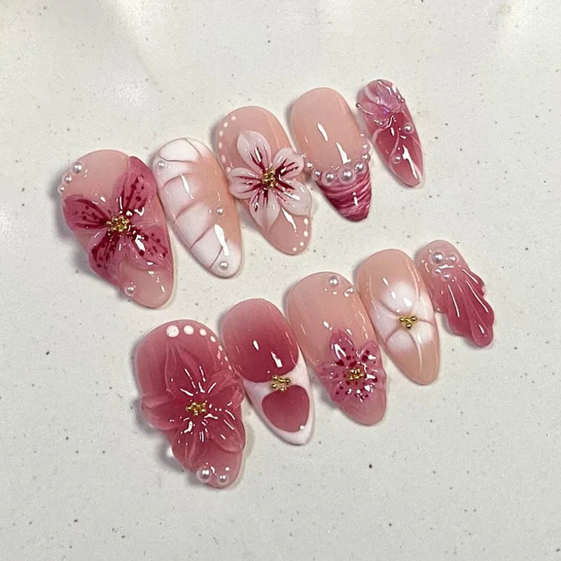 Pink Flower Almond Kawaii Press on Nails