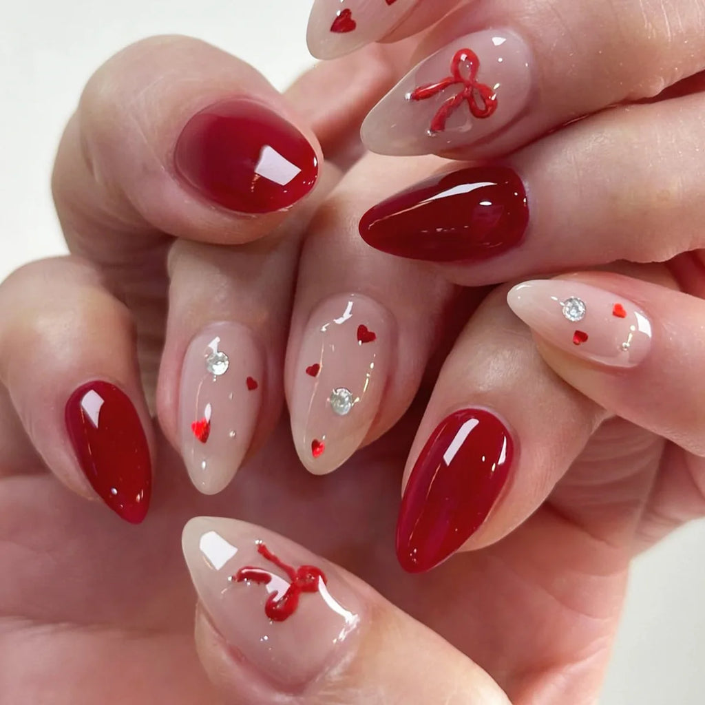 Sweet Cat Eye French Press on Nails Diamond-Pointed Three Dimensional Bow Knot