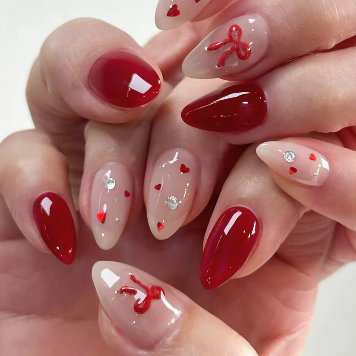Sweet Cat Eye French Press on Nails Diamond-Pointed Three Dimensional Bow Knot