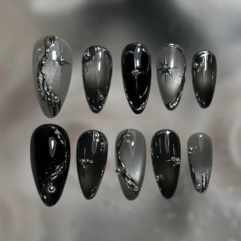Y2k Press on Nails with Almond Head Design Cat's Eye Silver Stripe Pattern