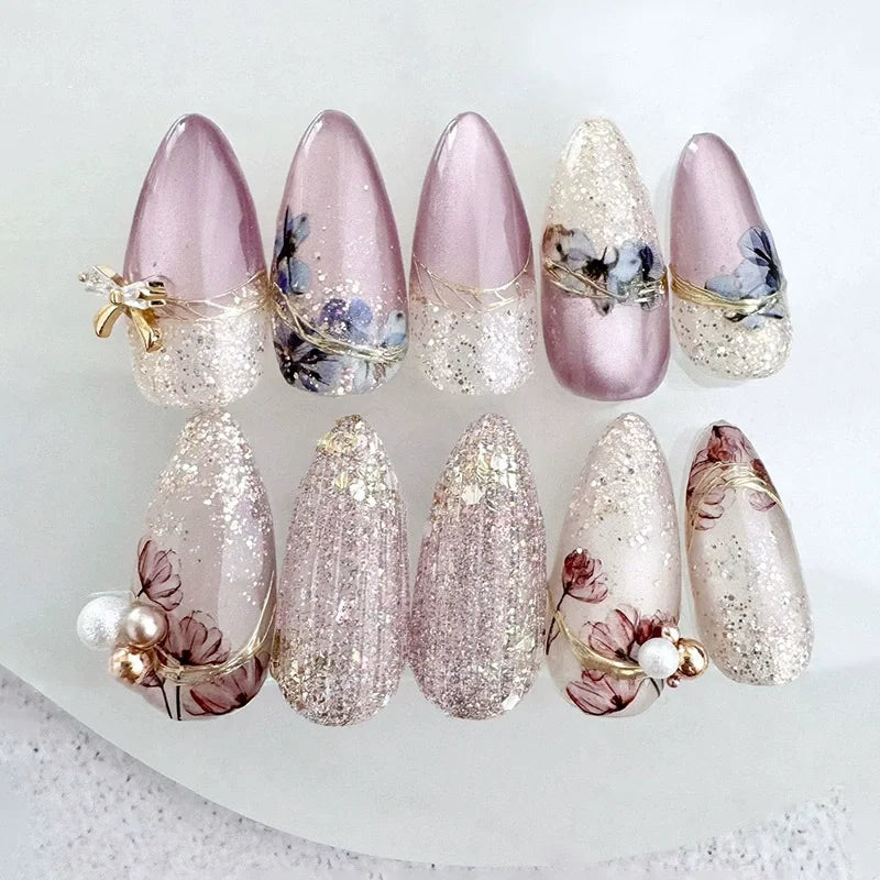 Metallic Cat Eye Sheer Manicure Art Textured 3D Acrylic Almond Medium Press on Nails