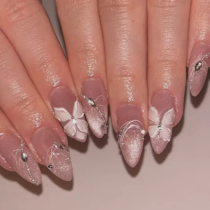 Metallic Cat Eye Sheer Manicure Art Textured 3D Acrylic Almond Medium Press on Nails