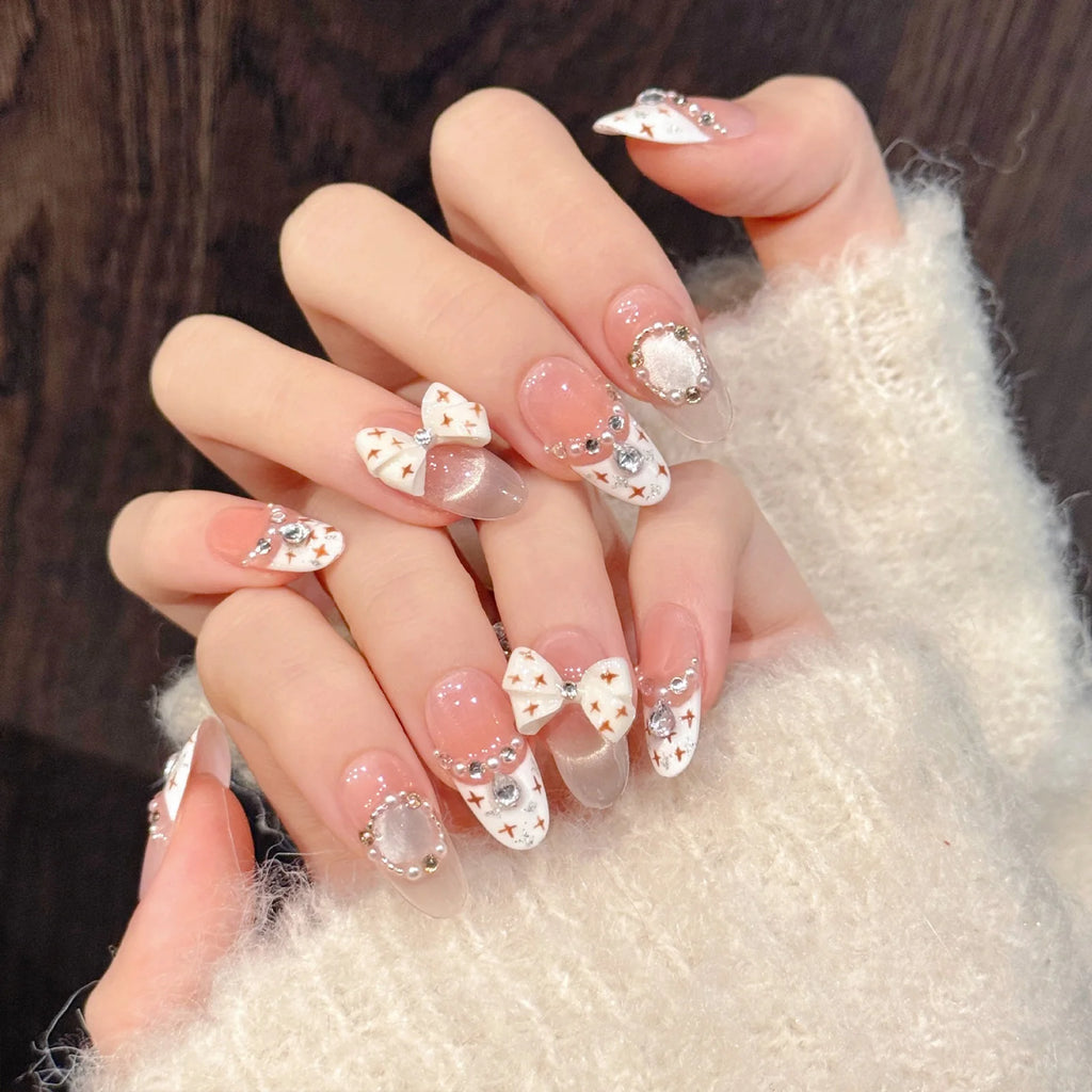 Handmade French Cat Eye Pink Bow Decor Almond Press on Nails