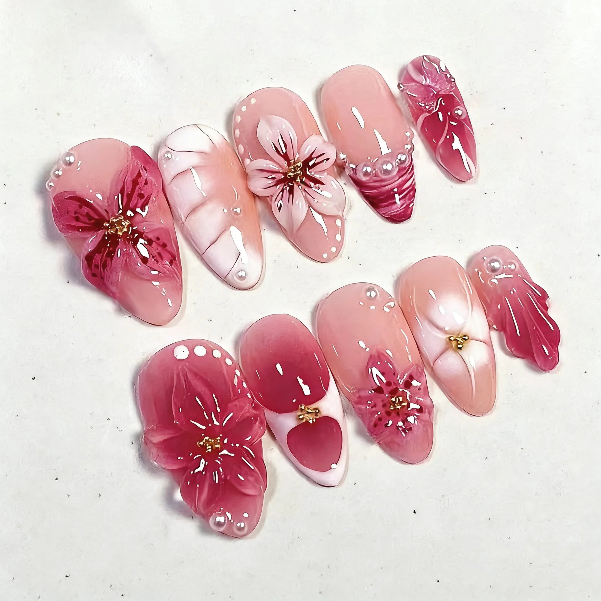 Mid-length Gilded 3D Flower Gradient Almond Reusable Press On Nails