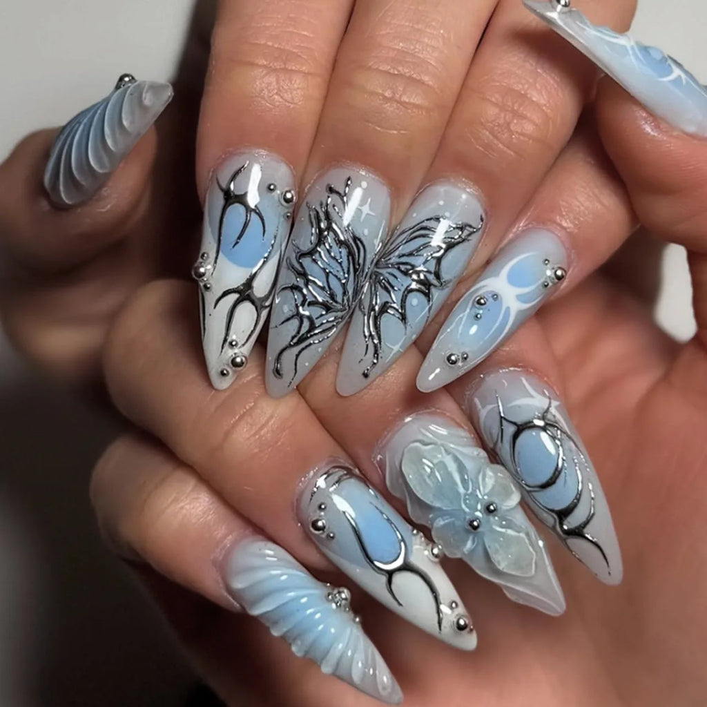 Y2k Press on Nails with Almond Head Design Cat's Eye Silver Stripe Pattern