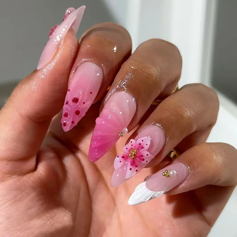 Mid-length Gilded 3D Flower Gradient Almond Reusable Press On Nails