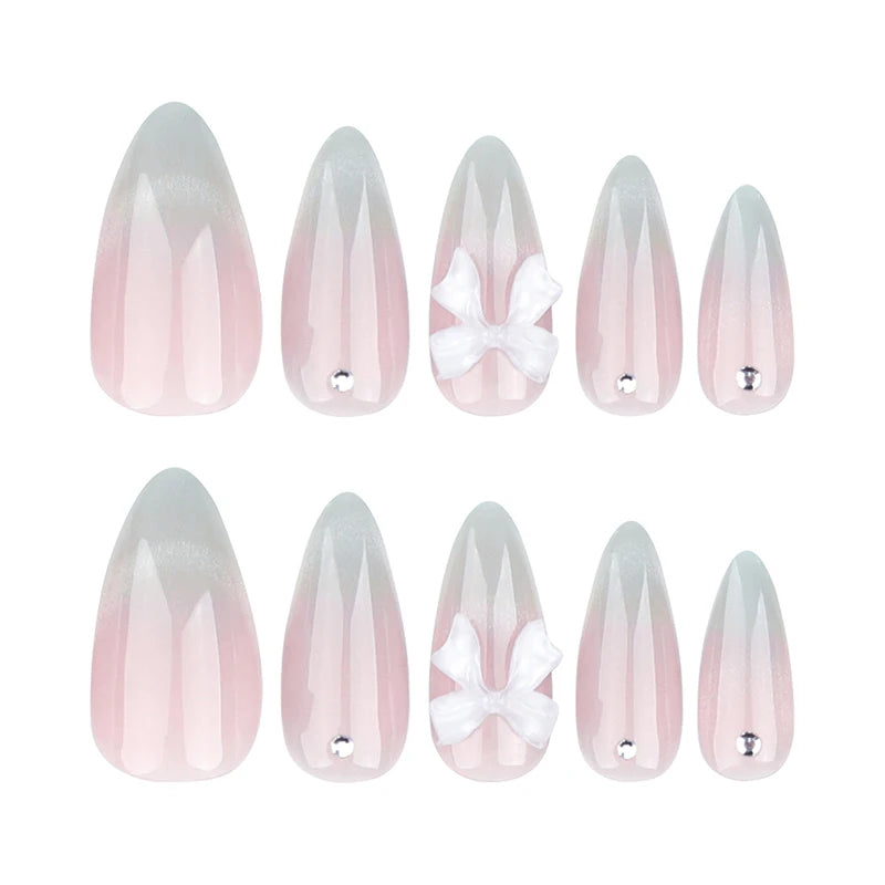 Sweet Cat Eye French Press on Nails Diamond-Pointed Three Dimensional Bow Knot
