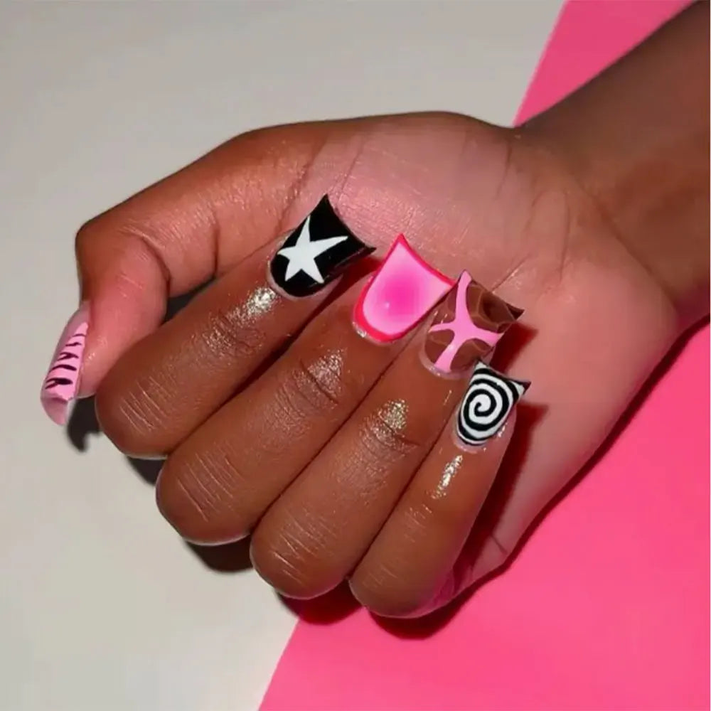 Duck Nail French Tips with Cross, Snake & Rhinestone Design.