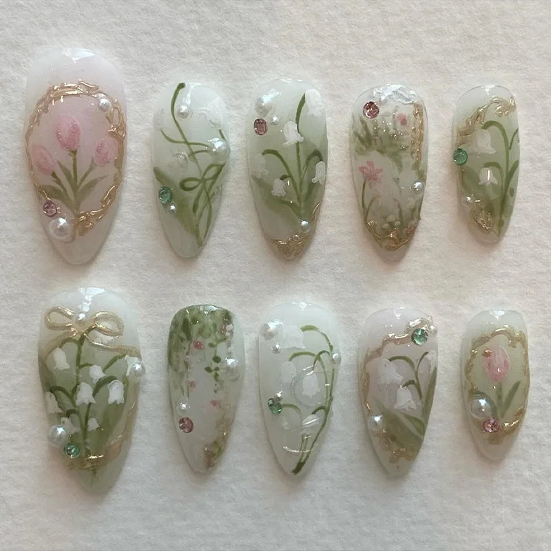 Mid-length Gilded 3D Flower Gradient Almond Reusable Press On Nails