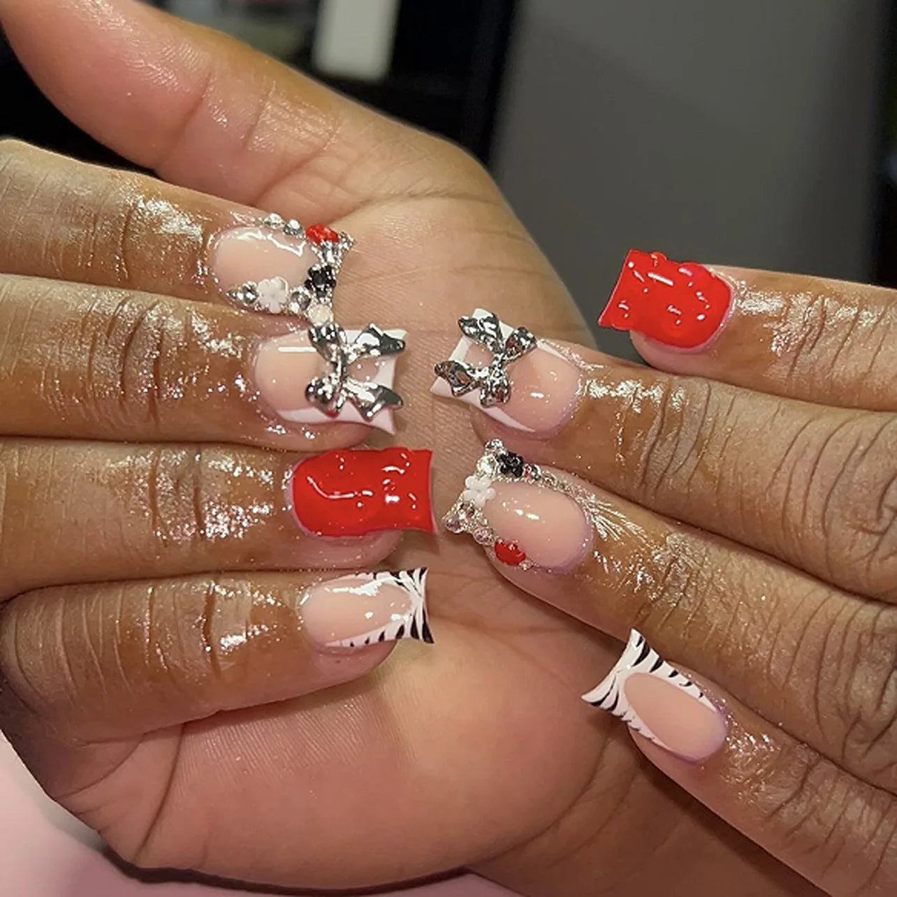 Nude Pink Sweet Press On Nails Short French With 3D Decor