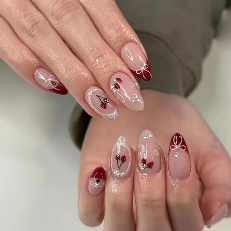 Sweet Cat Eye French Press on Nails Diamond-Pointed Three Dimensional Bow Knot