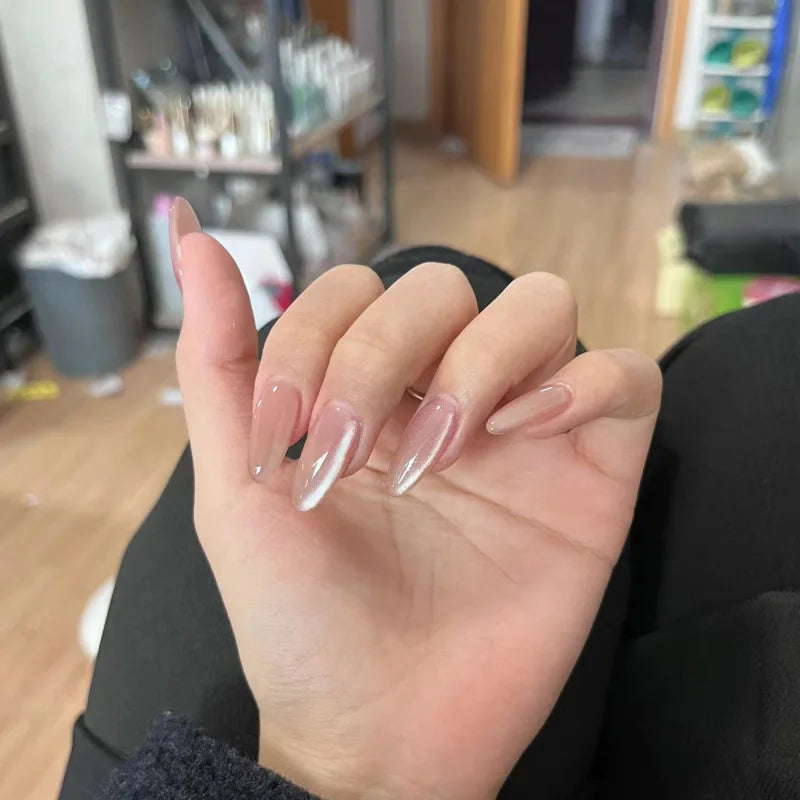 Metallic Cat Eye Sheer Manicure Art Textured 3D Acrylic Almond Medium Press on Nails