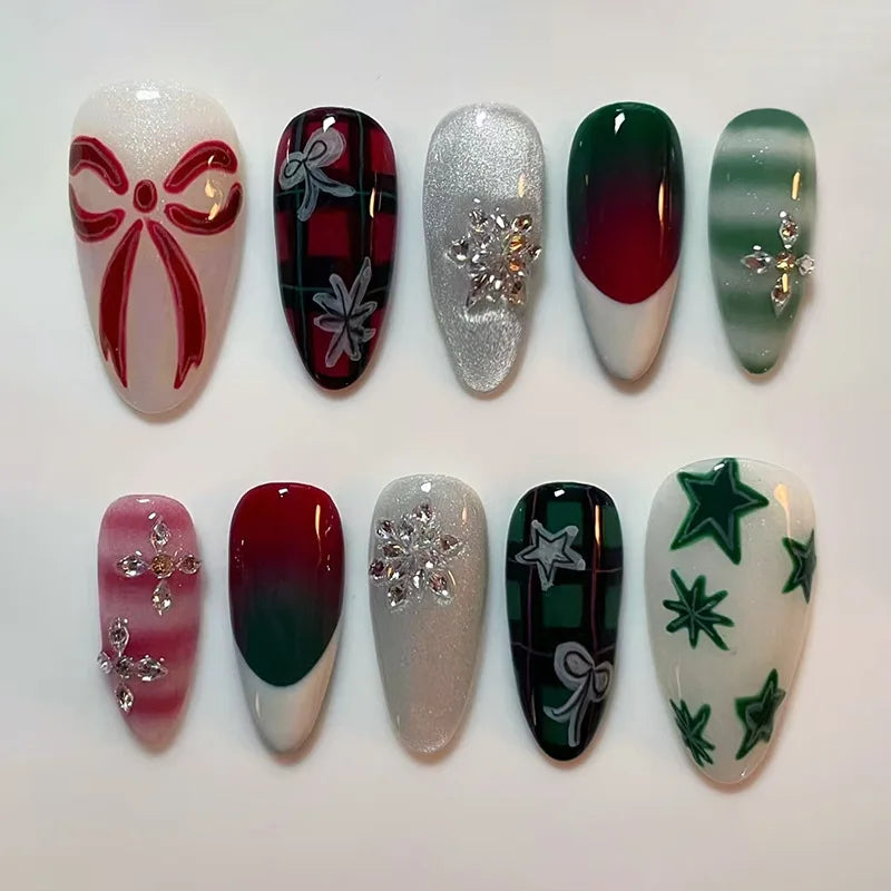 Y2k Press on Nails with Almond Head Design Cat's Eye Silver Stripe Pattern