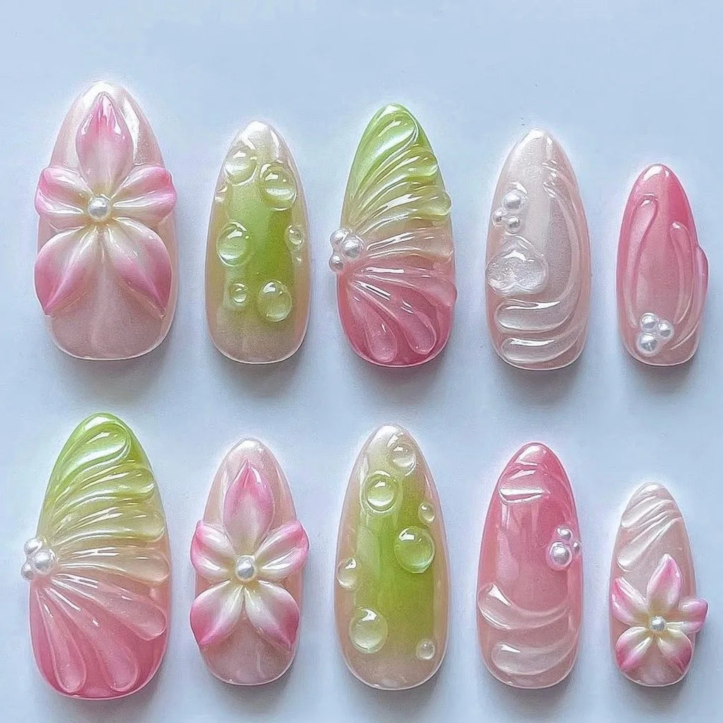 Mid-length Gilded 3D Flower Gradient Almond Reusable Press On Nails