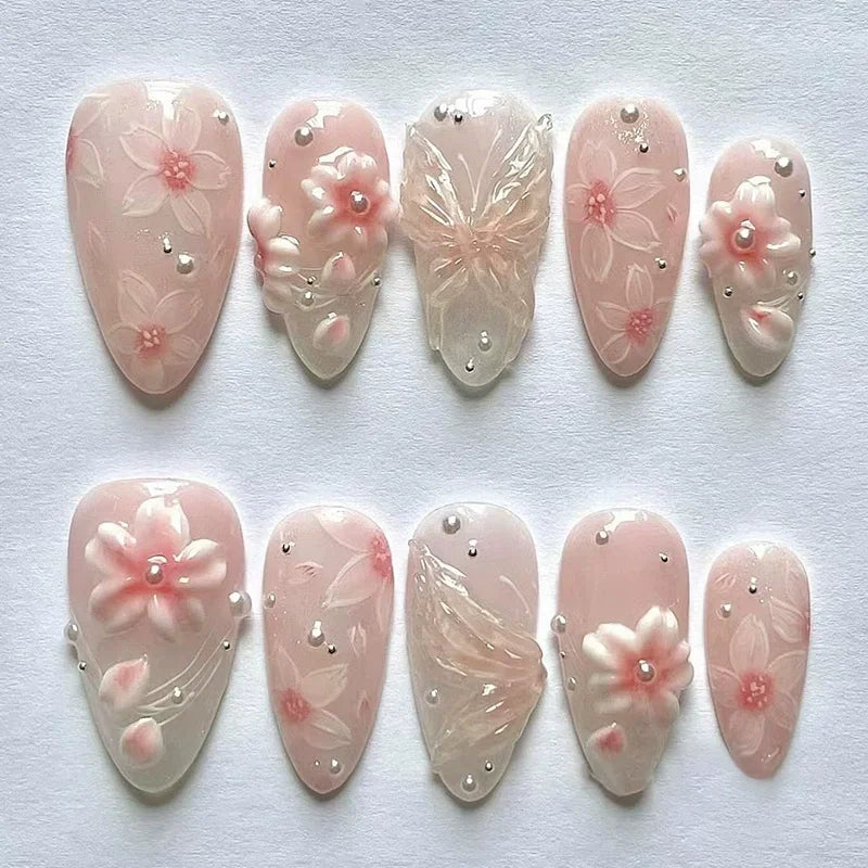 Pink Flower Almond Kawaii Press on Nails