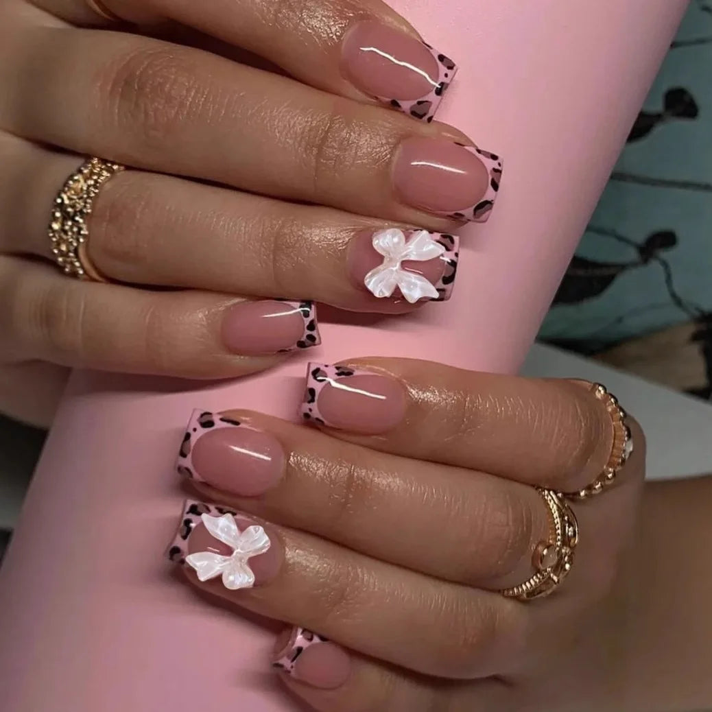 Nude Pink Sweet Press On Nails Short French With 3D Decor