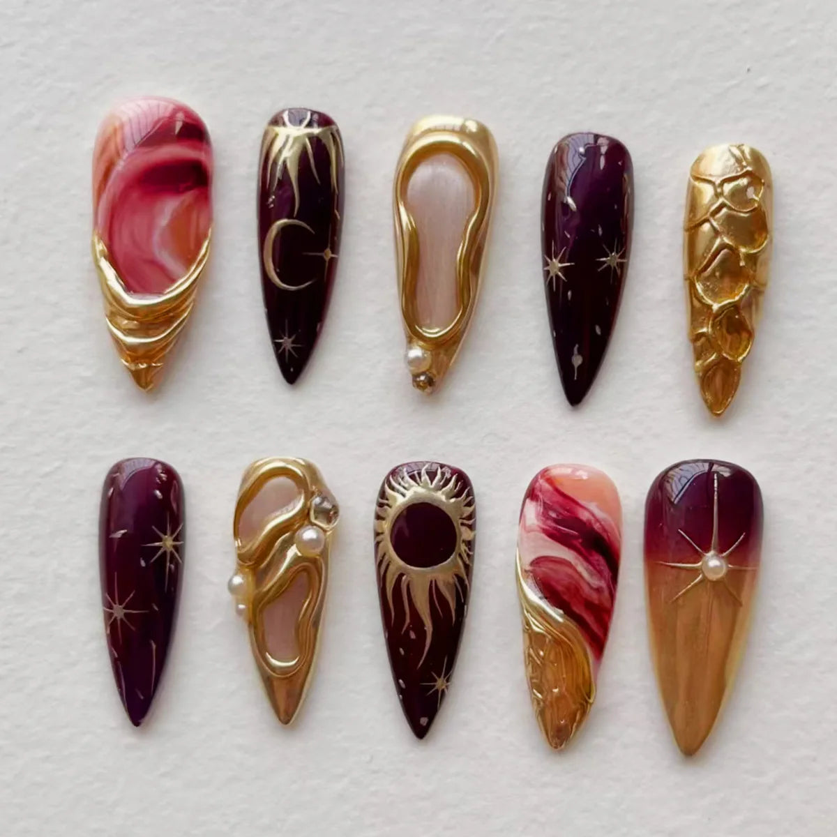 Y2k Press on Nails with Almond Head Design Cat's Eye Silver Stripe Pattern