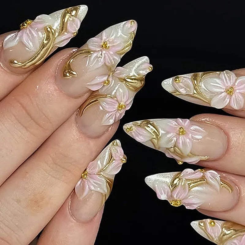 Mid-length Gilded 3D Flower Gradient Almond Reusable Press On Nails