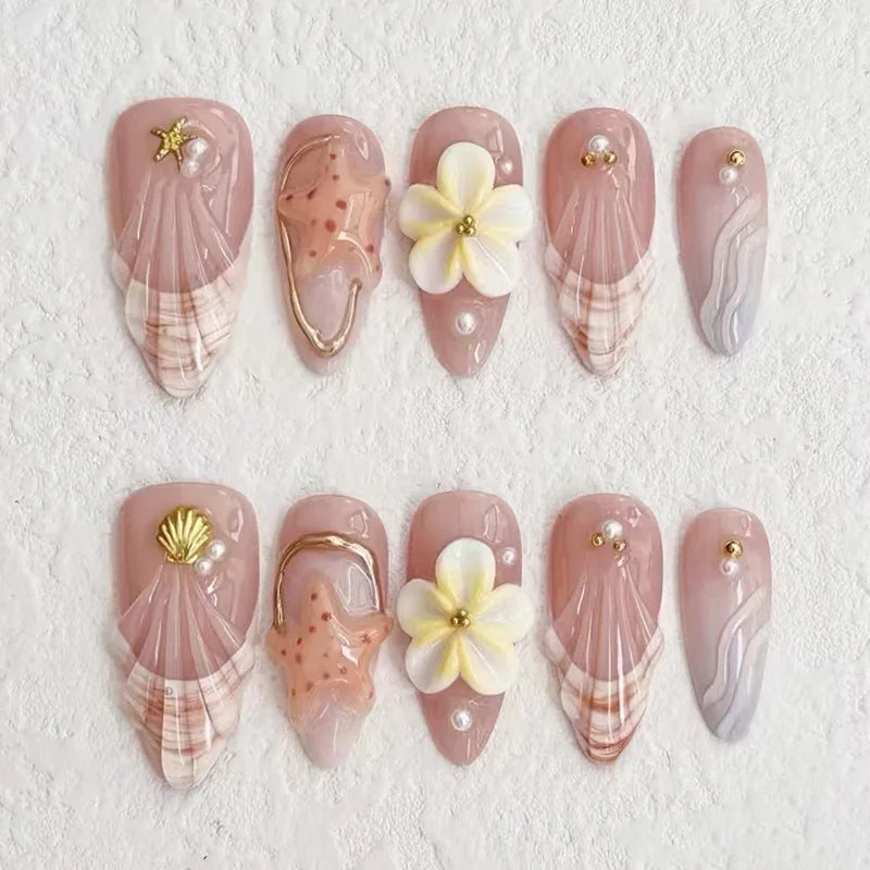 Mid-length Gilded 3D Flower Gradient Almond Reusable Press On Nails