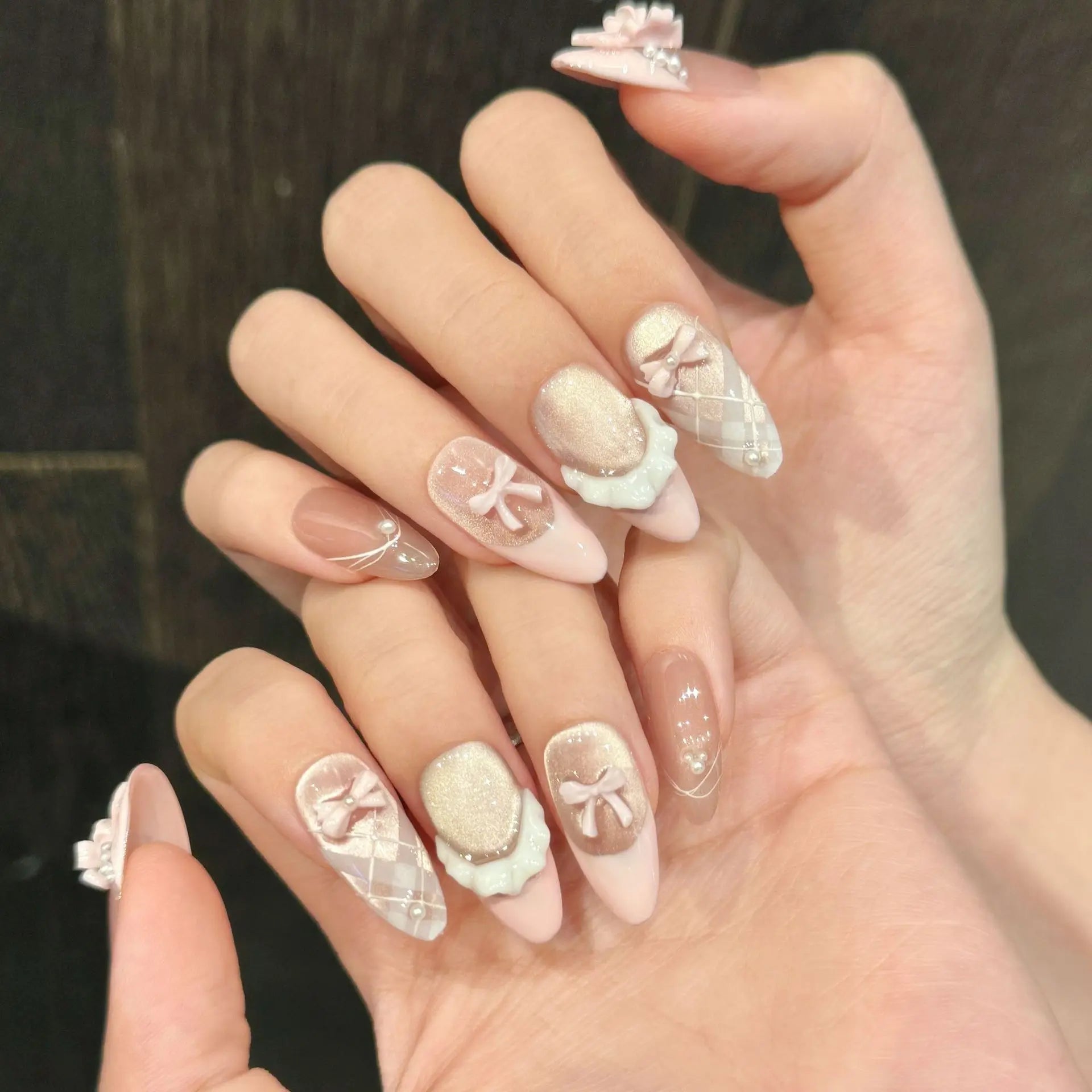 Handmade French Cat Eye Pink Bow Decor Almond Press on Nails