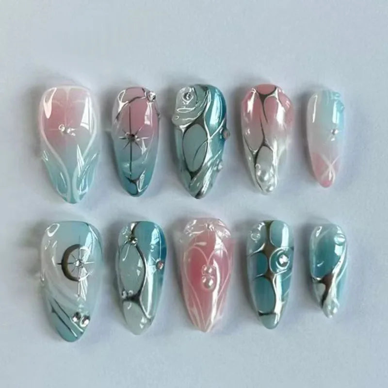 Y2k Press on Nails with Almond Head Design Cat's Eye Silver Stripe Pattern