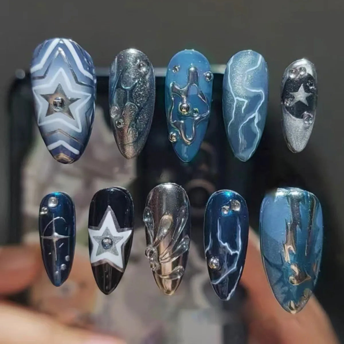 Y2k Press on Nails with Almond Head Design Cat's Eye Silver Stripe Pattern