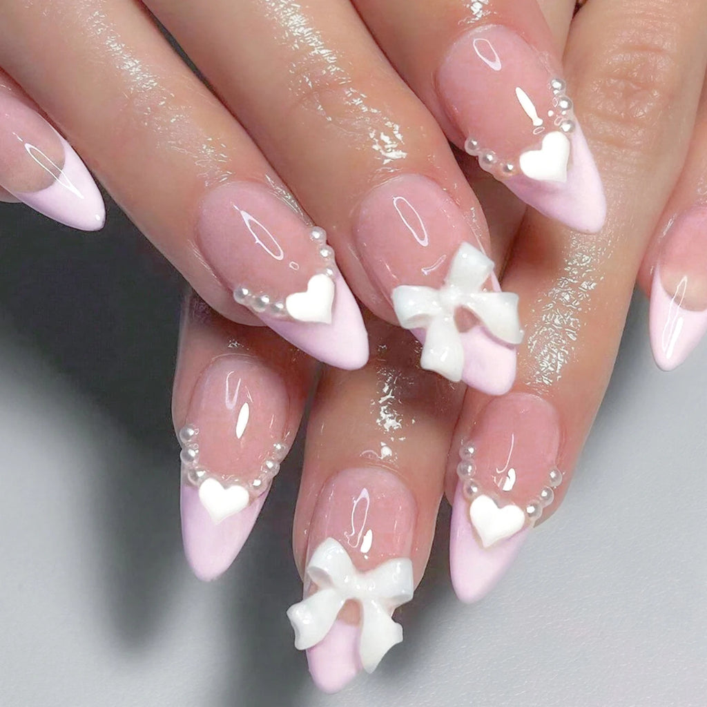 Nude Pink Sweet Press On Nails Short French With 3D Decor