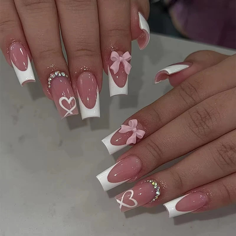 Sweet Cat Eye French Press on Nails Diamond-Pointed Three Dimensional Bow Knot