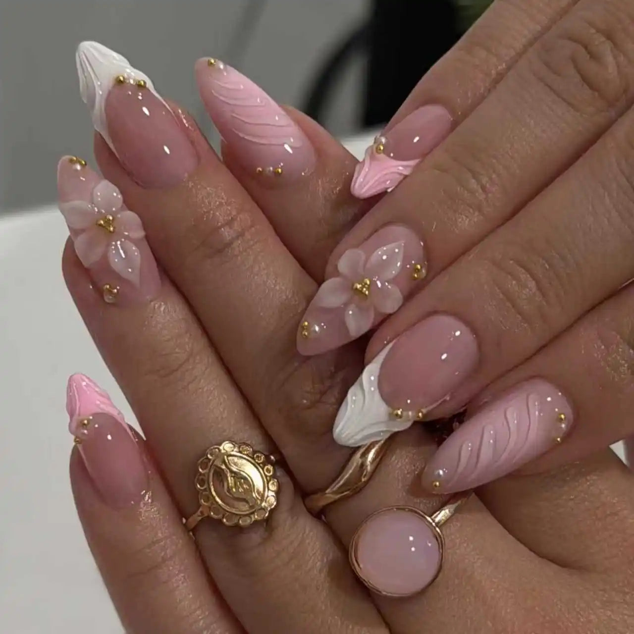 Pink Flower Almond Kawaii Press on Nails