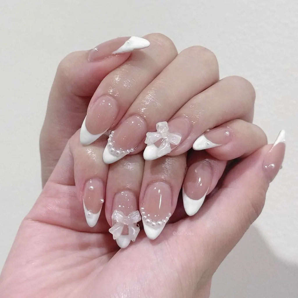 Sweet Cat Eye French Press on Nails Diamond-Pointed Three Dimensional Bow Knot