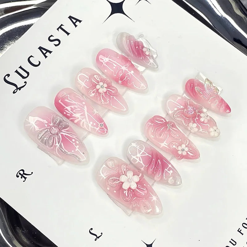 Mid-length Gilded 3D Flower Gradient Almond Reusable Press On Nails