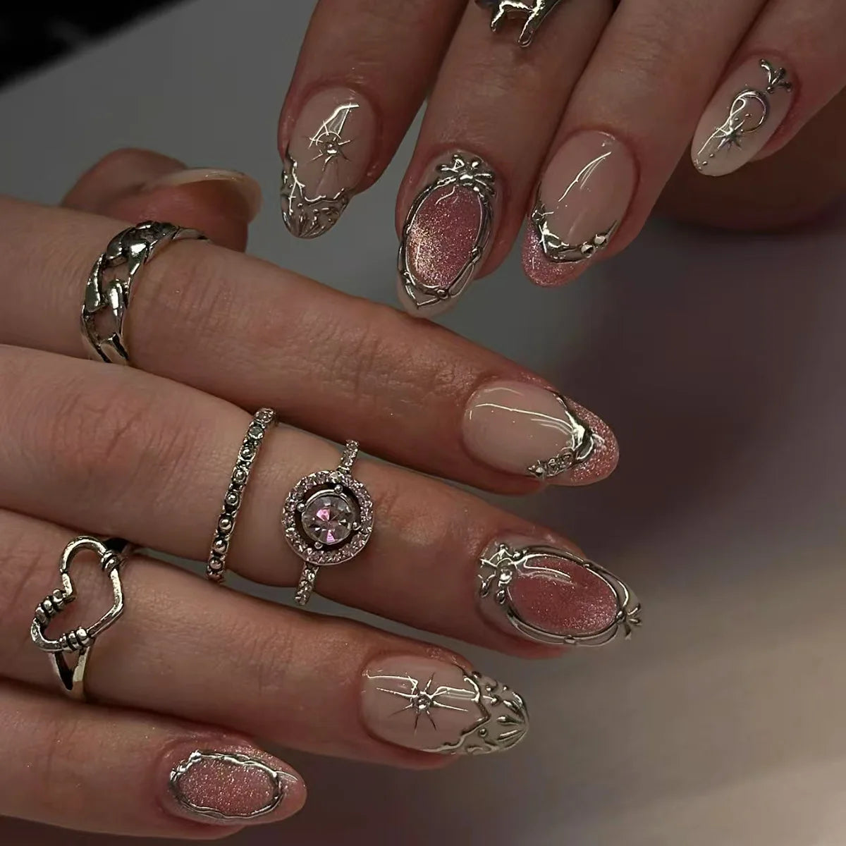 Y2k Press on Nails with Almond Head Design Cat's Eye Silver Stripe Pattern
