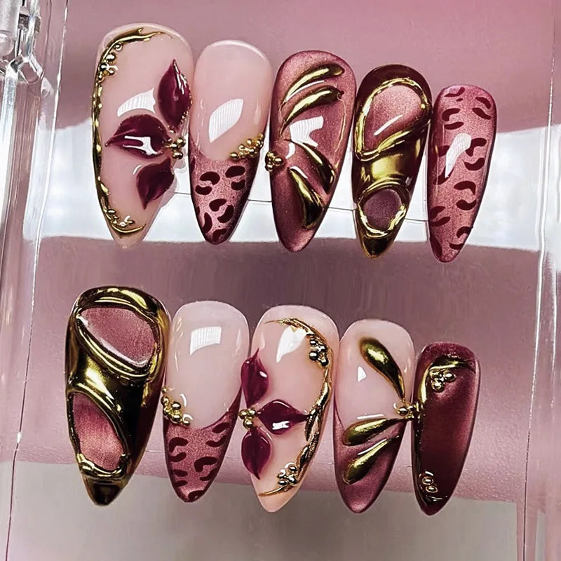 Mid-length Gilded 3D Flower Gradient Almond Reusable Press On Nails