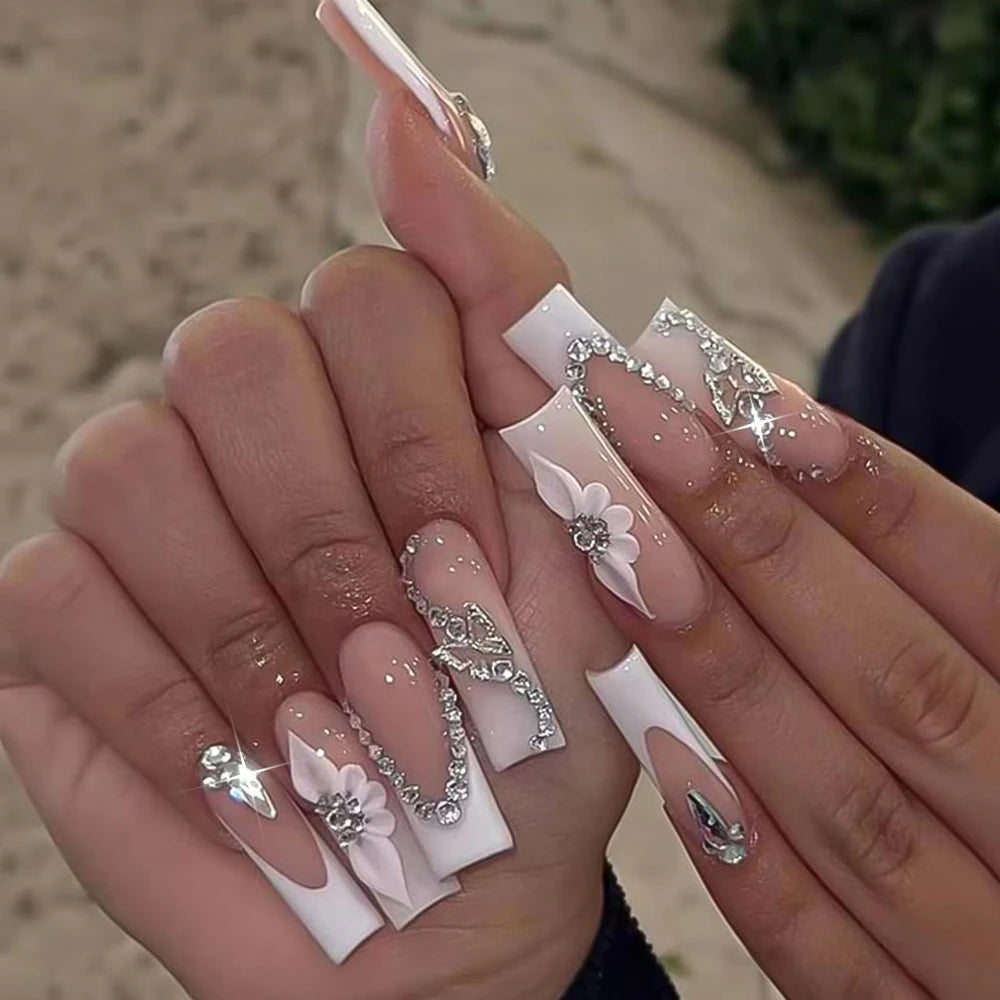 Stunning Retro Flower Y2k Caviar Bead Floral Press on Nails