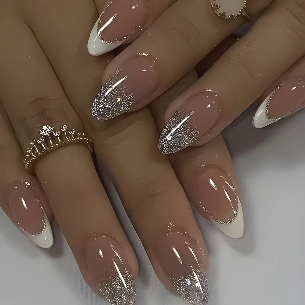 Metallic Cat Eye Sheer Manicure Art Textured 3D Acrylic Almond Medium Press on Nails