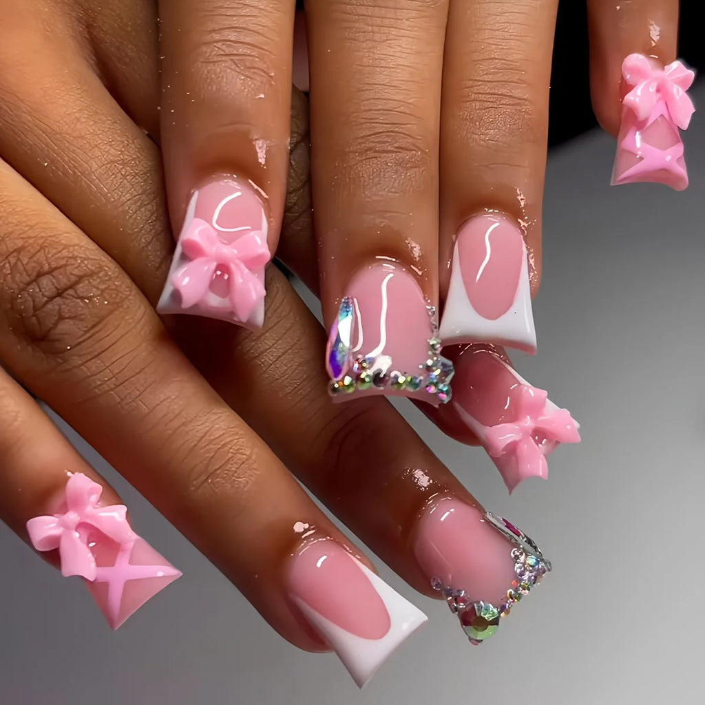 Nude Pink Sweet Press On Nails Short French With 3D Decor