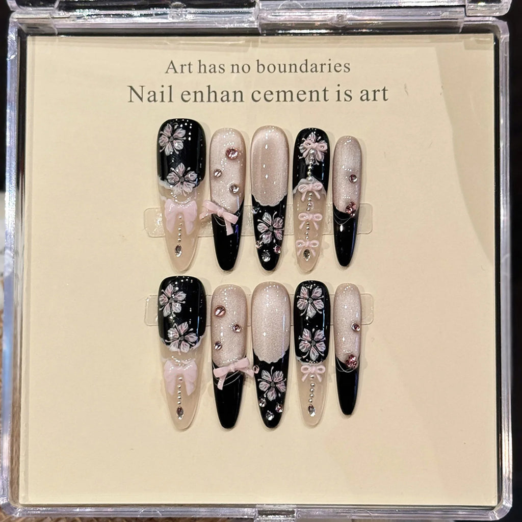 Handmade French Cat Eye Pink Bow Decor Almond Press on Nails