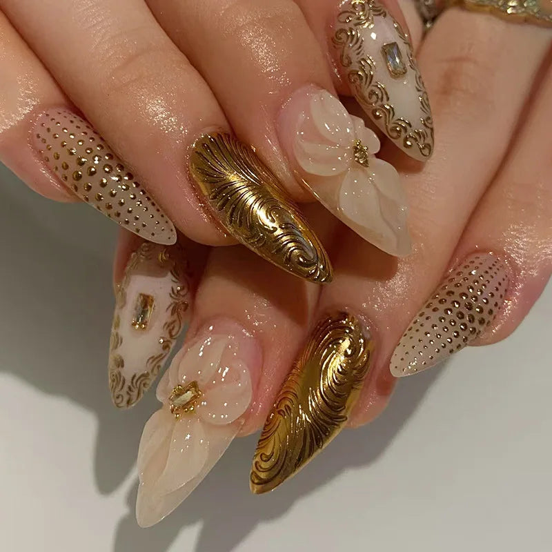 Y2k Press on Nails with Almond Head Design Cat's Eye Silver Stripe Pattern