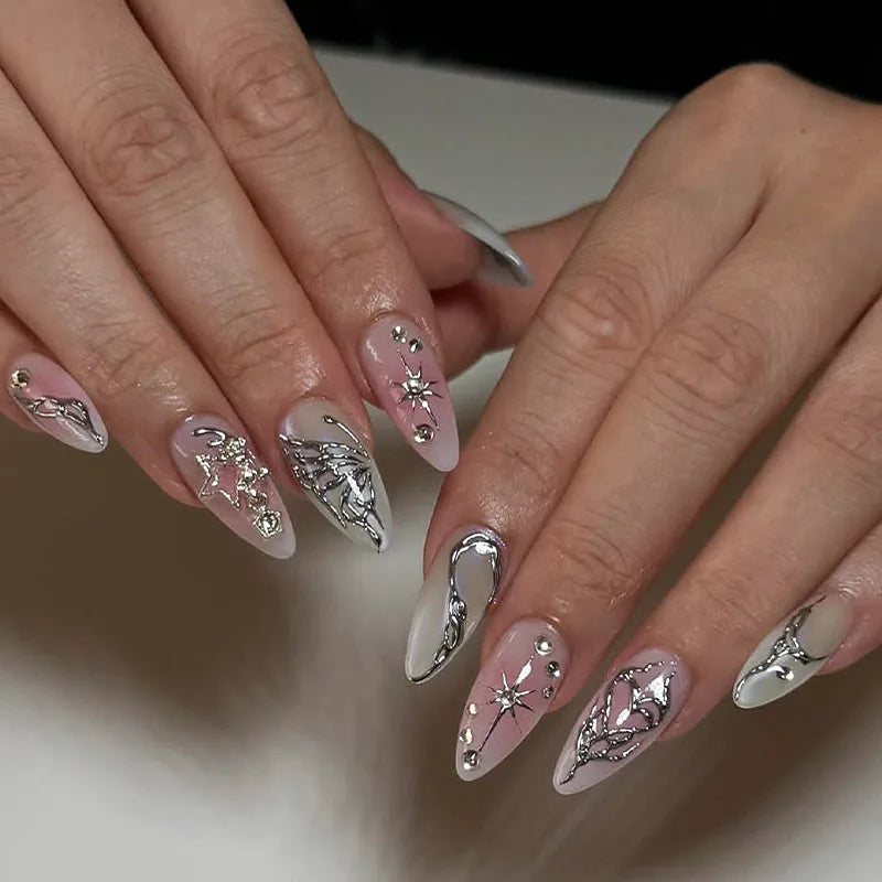 Mid-length Gilded 3D Flower Gradient Almond Reusable Press On Nails