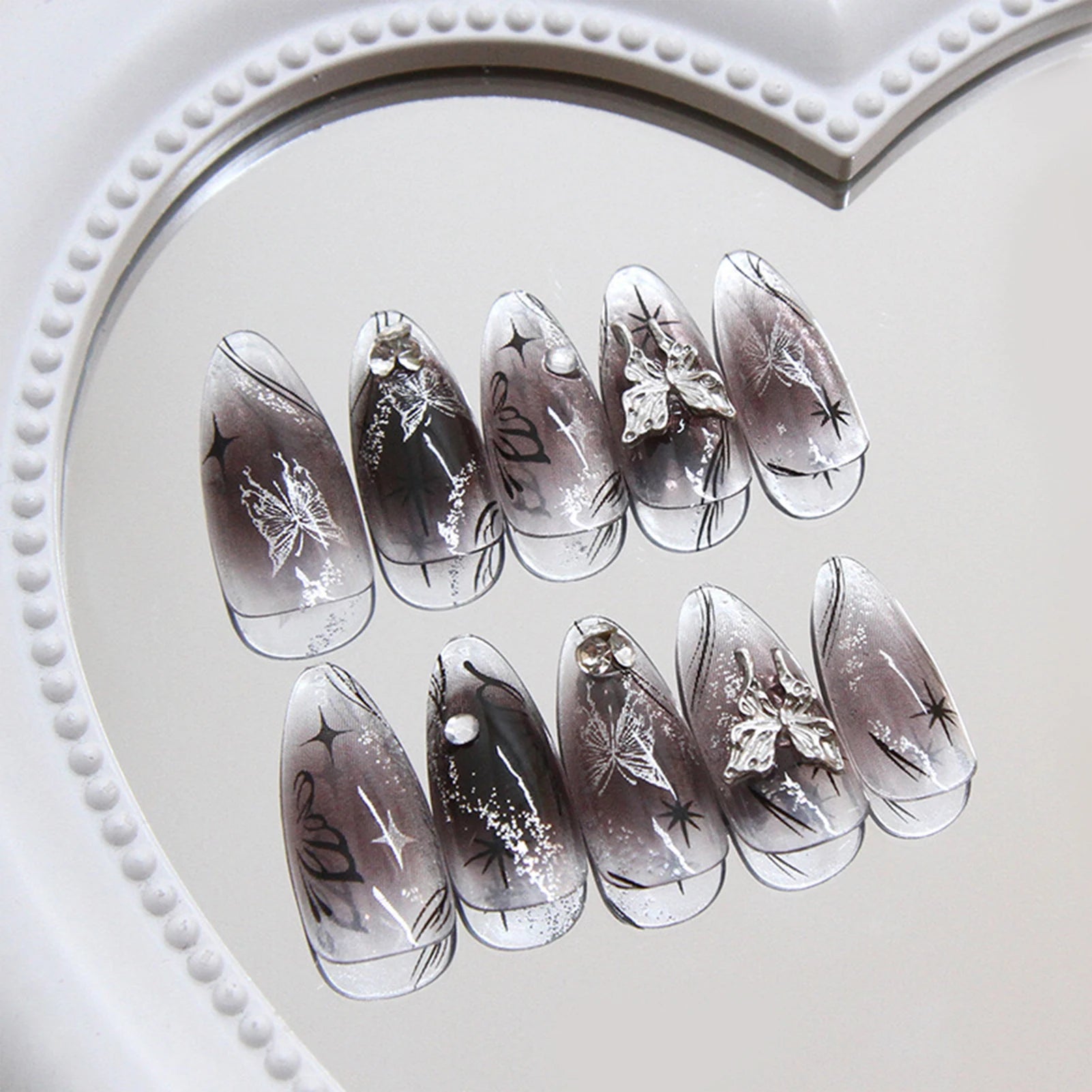 Stiletto Press On Nails Black Silver Bowknot Dissymmetry Nail Art