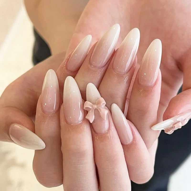 Sweet Cat Eye French Press on Nails Diamond-Pointed Three Dimensional Bow Knot