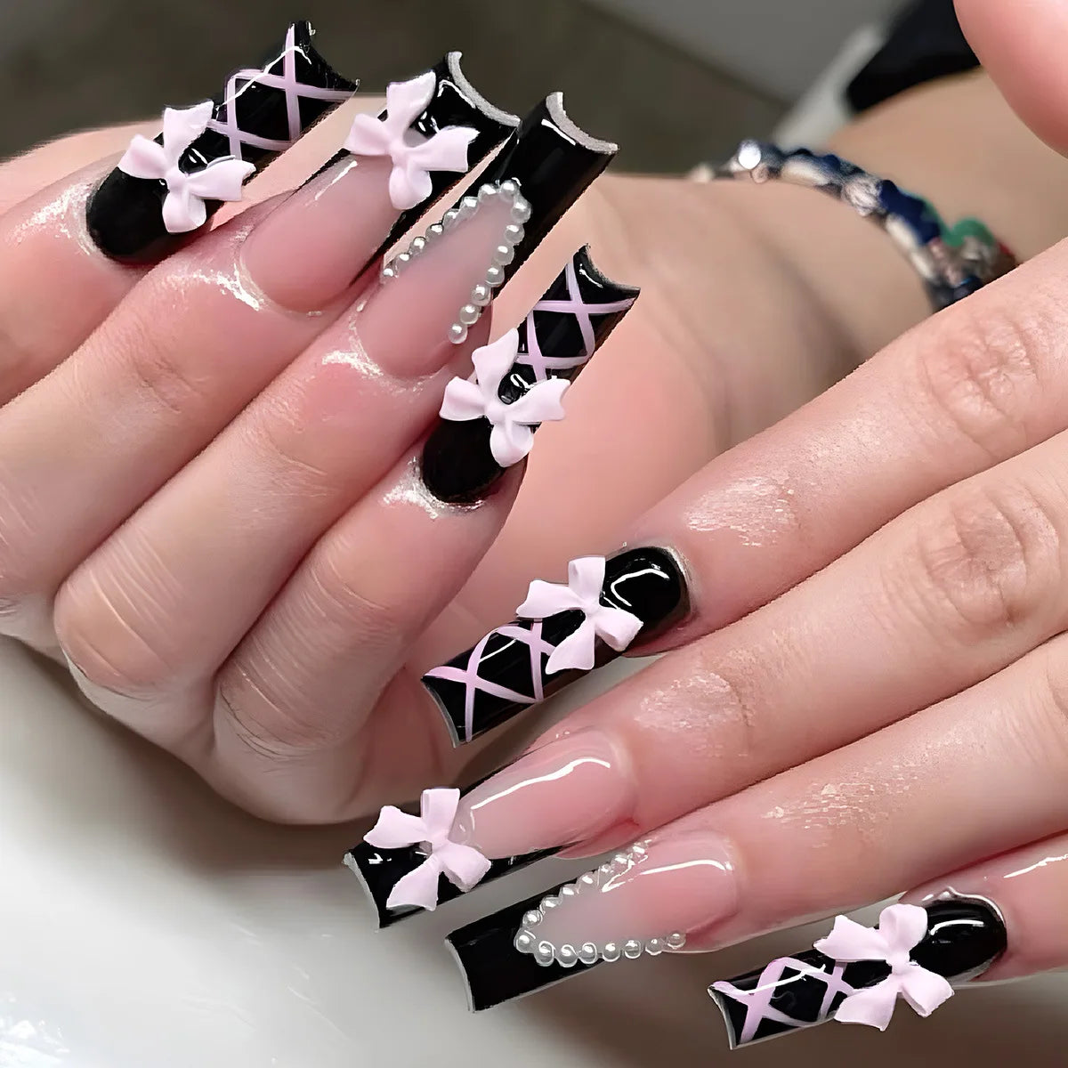 Long Square Press on Charm Nails Durable Wear