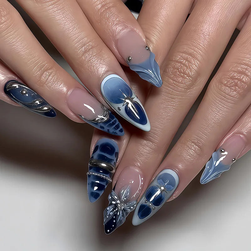Mid-length Gilded 3D Flower Gradient Almond Reusable Press On Nails